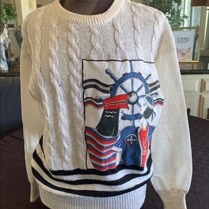 White Cable-Knit Nautical Graphic sweater with linen sleeves perfect for cruise